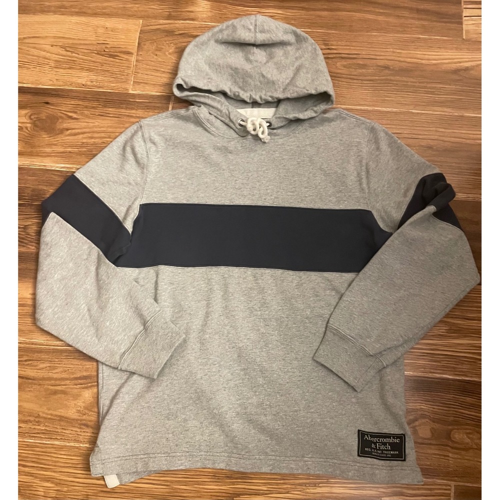 Vtg Abercrombie & Fitch Mens Rugby Cloth Hoodie Gray Navy Blue Stripe Size Large